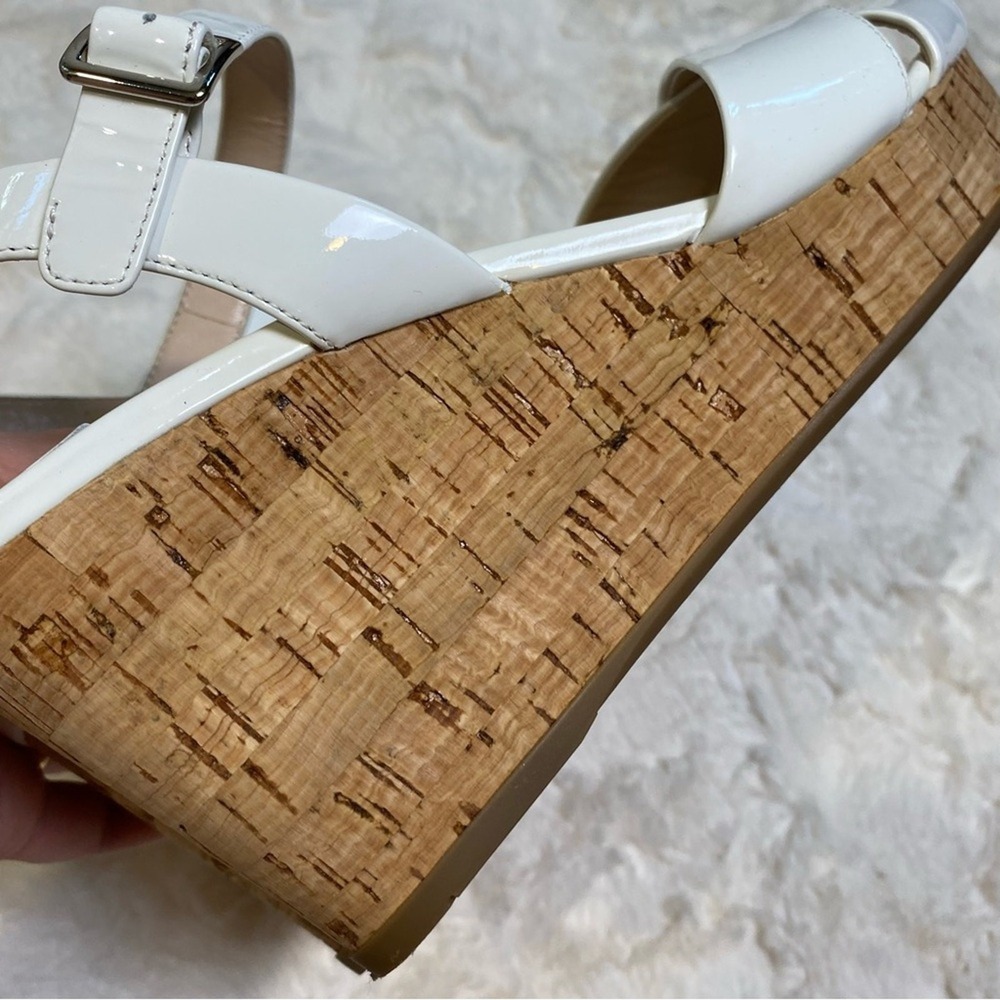 Prada White Patent Leather Criss Cross Ankle Strap Cork Wedge Sandals Size 39 - Picture 7 of 16